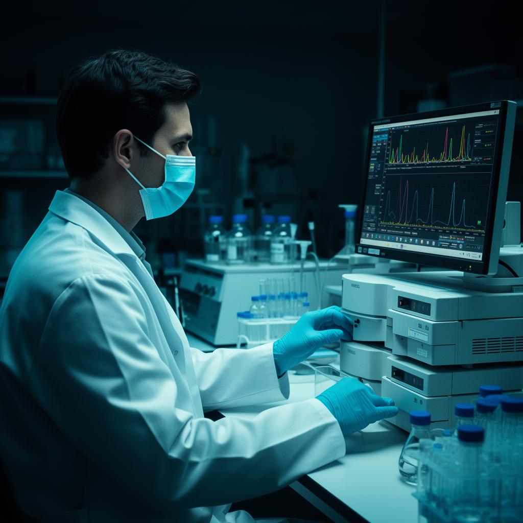 SK BIO scientist analyzing peptides on HPLC instrument
